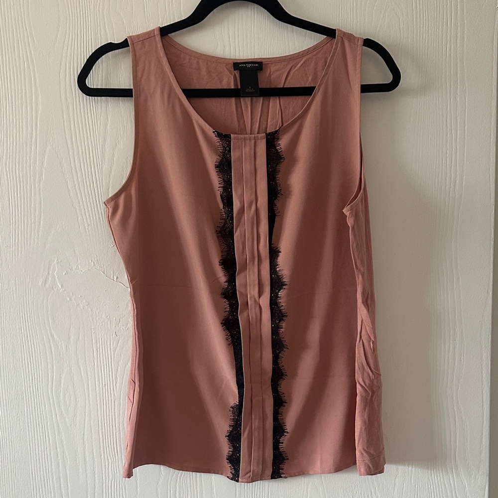 Ann Taylor Rose Pink Sleeveless Camisole with Black Lace Trim